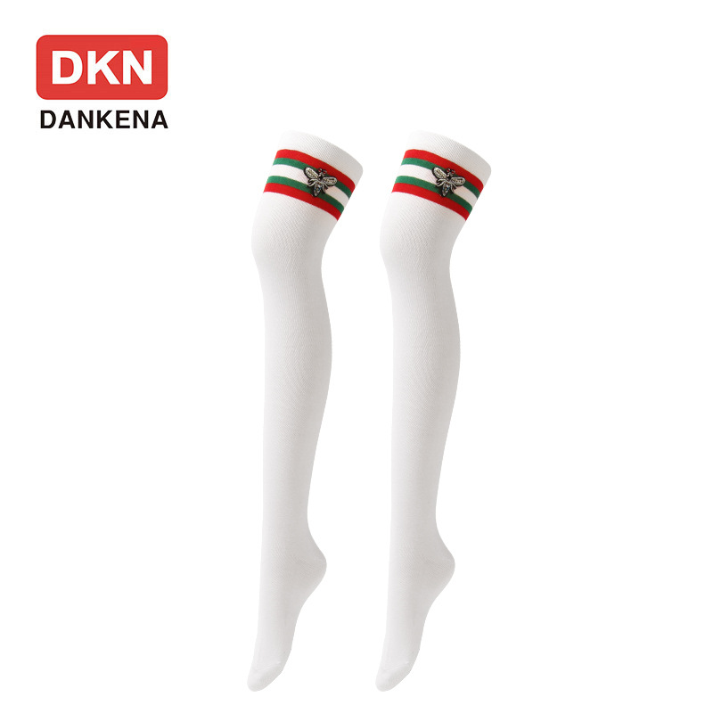 DANKENA Autumn WinterClassic Red Green Striped Embroidery Combed Cotton Socks Thigh High Socks